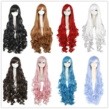 Free Shipping 100cm Synthetic Hair Long Curly White Blonde Pink Red Blue Brown Cosplay Wig Perruque