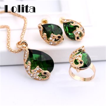 Free shipping New Fashion 18k Yellow Gold Filled Clear Resin Crystal Peacock Necklace Earring Ring Wedding Jewelry Set ST062