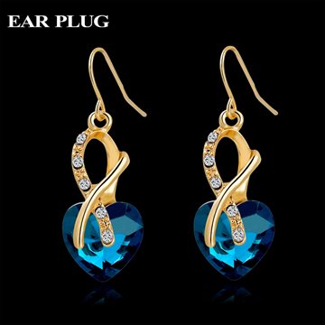 Luxury AAA Cubic Zirconia Earrings Fashion Jewelry Sapphire Gold Austrian Crystal Heart Earrings for Women 2016 Pendientes Mujer
