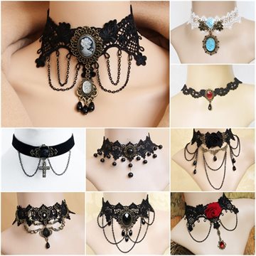 Vintage Gothic Lolita Punk Crystal Choker Necklace Black Victorian Style Resin Tassel Vampire Steampunk Torques Jewellery JN015