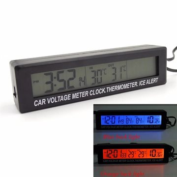 Simple Design 12V Car Voltage Meter Clock Outdoor/Indoor Thermometer Ice Alert Alarm With Orange and Blue Backlight