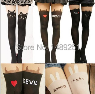 New Fashion Women Nylon Cute Cat Totoro Knee High Tights 16 Styles Tattoo Stockings Girls Sexy Pantyhose Over Knee Stockings
