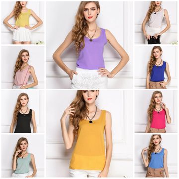 Wholesale 2016 Fashion New Summer Women Clothing Chiffon Sleeveless Solid Neon Candy Color Causal Chiffon Blouse Shirt Women Top