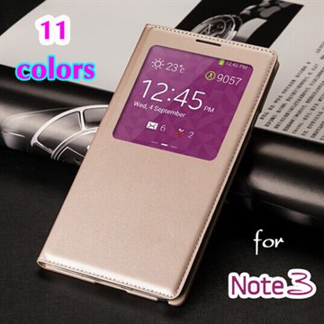 Smart View Auto Sleep Function Back Shell With Chip Leather Case Flip Cover Holster For Samsung Galaxy Note 3 Note3 N9000 N9005