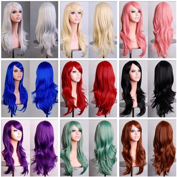 14 Colors 70cm Long Wavy Full Head Wig Anime Cosplay Synthetic Lace Fron Wig, Black Blue Pink White Red Purple Cosplay Cheap Wig