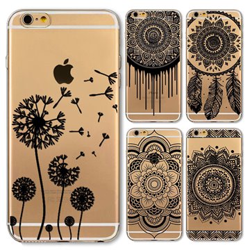 For Apple iPhone 4 4S 5 5S 5C 6 6S 6Plus 6s Plus Case Black Floral Paisley Flower Mandala Patterned TPU Silicon Covers Capa Back