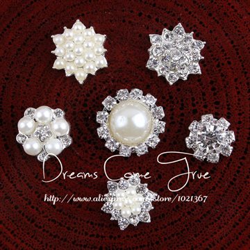 (20pcs/lot) 6 Styles Cute Trendy Handmade Metal Rhinestone Pearl Button Clear Artificial Alloy Crystal Flatback Wedding Buttons