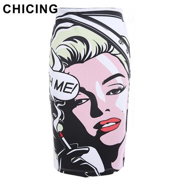 CHICING 2016 Marilyn Monroe Print Casual Back Split High Waist Pencil Ladies Summer Slim Bodycon Tube Wrap Midi Skirts B1507005