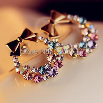 Free Shipping $10 (mix order) New Fashion Imitation Diamond Colorful Rhinestone Bow Earrings E099 Vintage Jewelry