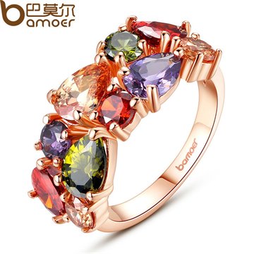 BAMOER Unique Design 18K Gold Plated Mona Lisa Ring for Female Wedding with AAA Colorful Cubic Zircon Bijouterie JIR052