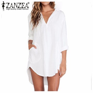 Zanzea Blusas Femininas 2016 Sexy Women Sheer White Shirts Dress Long Sleeve Pocket Casual Blouse Tops Plus Size Mini Dress