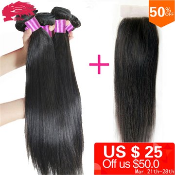 Peruvian Virgin Hair Straight with Closure 8A Ms Lula Hair with Closure and Bundles Cheap Human Hair 3 / 4 Bundles with Closure