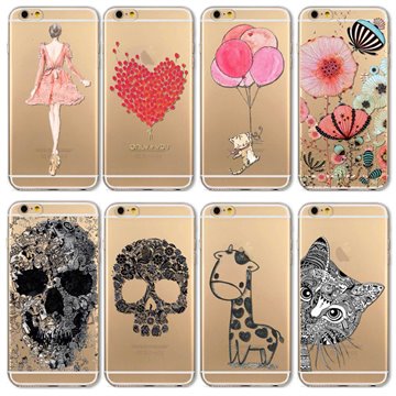 Phone Case Cover For iPhone 6 6s 4.7 Transparent Flowers Skull Cat Girl Love Heart Patterns Ultra Soft TPU Back Design