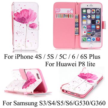 Pink Flower Flip PU Leather Wallet Case Cover For iPhone 4 4S 5S 5C 6 6plus / S3 S4 S5 mini S6 edge / G530 G360 / Huawei P8 Lite