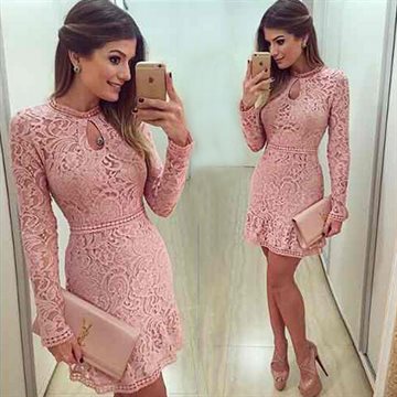New Arrive Vestidos Women Fashion Casual Lace Dress 2016 O-Neck Sleeve Pink Evening Party Dresses Vestido de festa Brasil Trend
