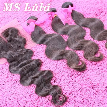 Free Shipping MS Lula body wave Brazilian virgin hair with closure and bundles 3pcs 3.5oz/pc bundle with 1pc 4X4 lace closure