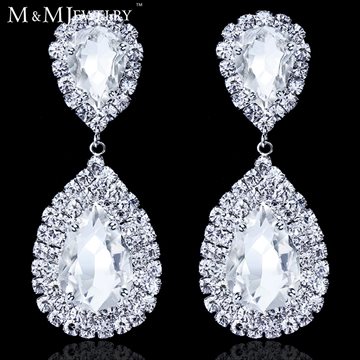Teardrop Crystal Bridal Silver Long Drop Earrings for Women Imitated Gemstone Jewelry Wedding Jewelry EH003