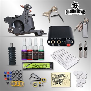 Complete Tattoo kits 8 wrap coils guns machine 1/6oz black tattoo ink sets power supply disposable needle free shipping