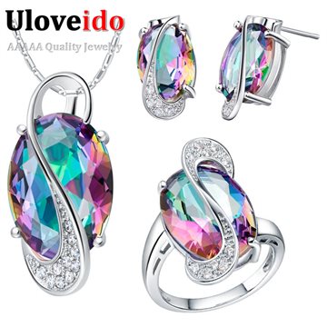 50% off Wedding Jewelry Sets for Brides 925 Sterling Silver Colored Stud Earrings Ring Necklace Bridal Jewelry Set Teng T155