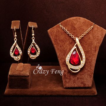 Women New 18k Yellow Gold Plated Ruby/white/Blue Sapphire Austrian Crystal Chain Jewelry Sets Necklace + Earrings Free shipping