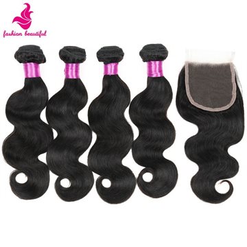 Brazilian Virgin Hair With Closure 4 Bundles With Closure 7A Unprocessed Human Hair Weave Brazilian Body Wave With Closure